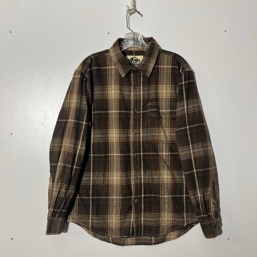 Old Mill Plaid Brown Button Down Long Sleeve Casual Shirt Men's Size Medium